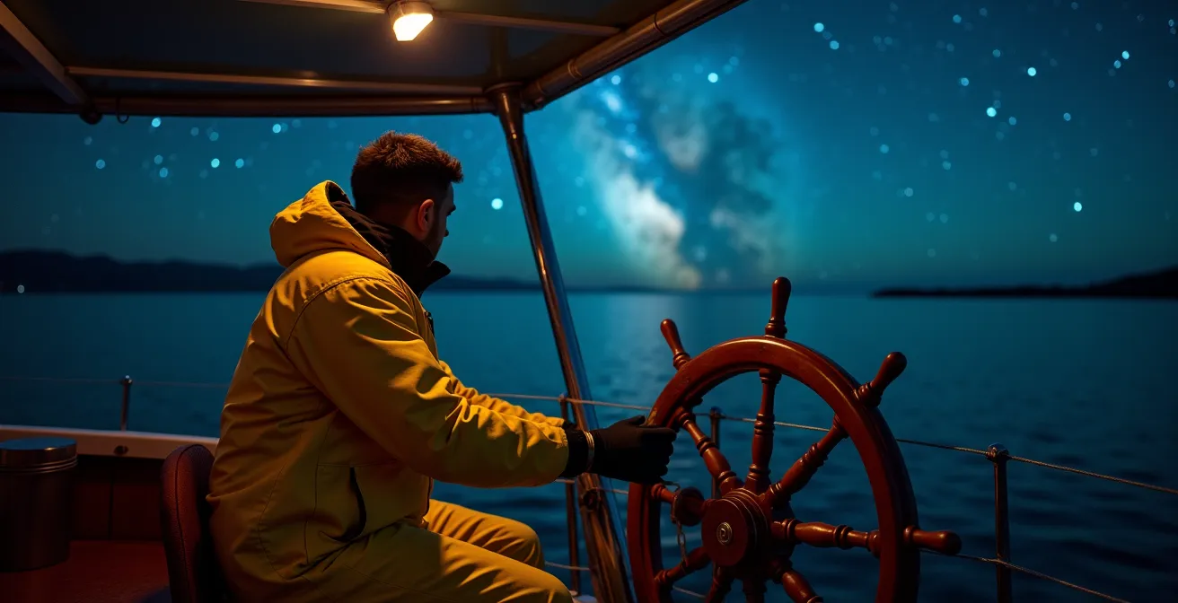 Marin en ciré jaune tenant la barre d'un voilier la nuit sous un ciel étoilé