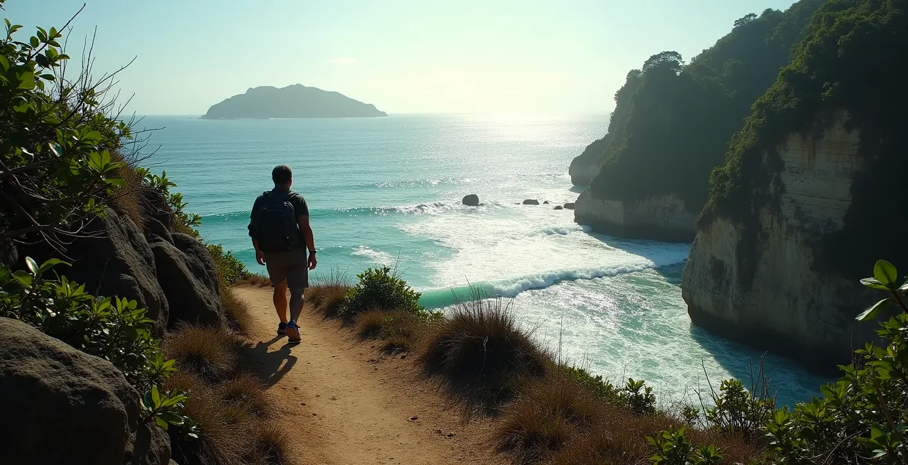 Randonneur sur sentier côtier avec vue sur falaises calcaires et océan Atlantique en Guadeloupe
