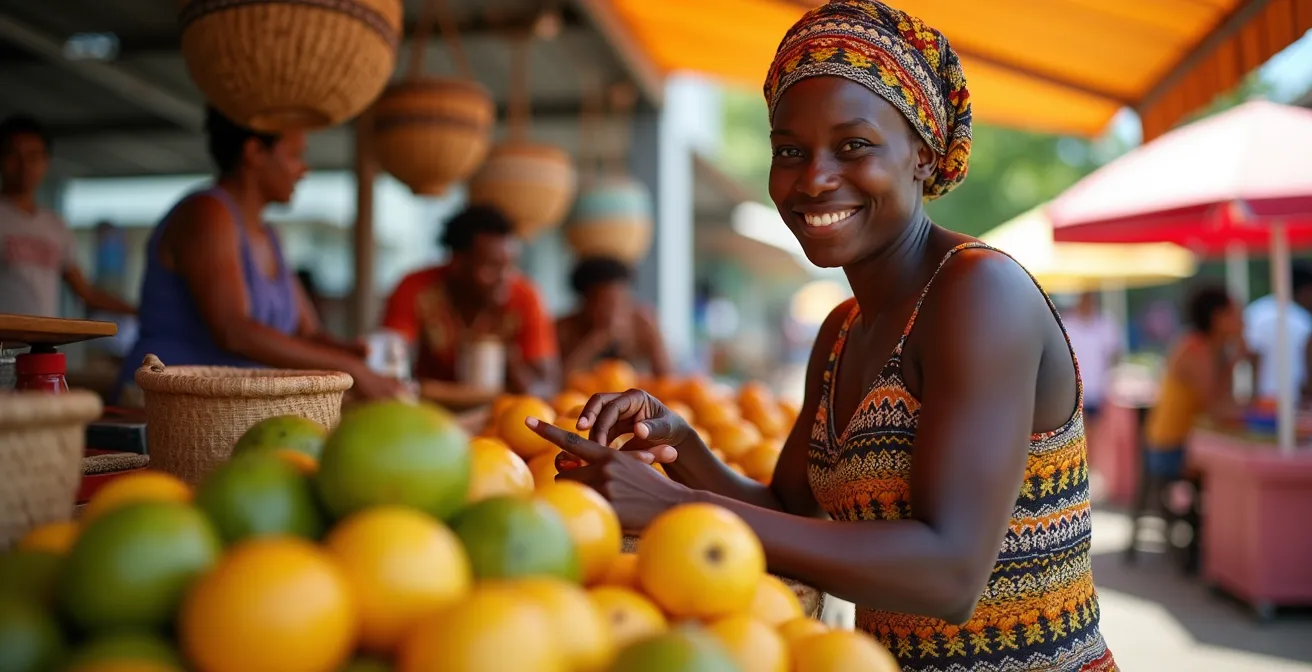 Scène vivante d'un marché local guadeloupéen avec vendeurs et acheteurs échangeant autour des étals colorés