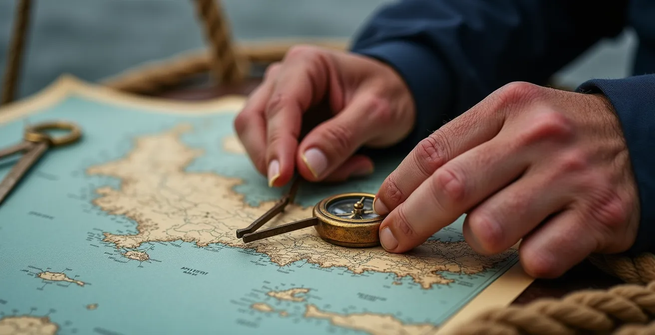 Gros plan sur les mains d'un navigateur consultant des cartes marines et instruments de navigation