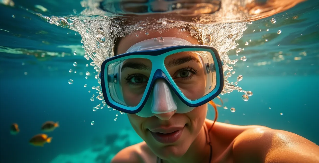 Snorkeleur dans une eau dorée par la lumière de fin d'après-midi