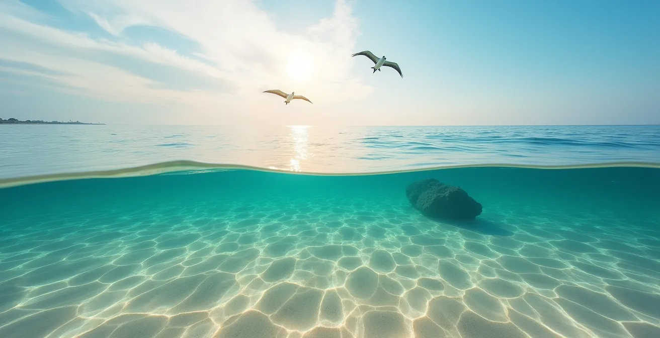 Vue aérienne de la surface de l'eau montrant différentes nuances de bleu indiquant la profondeur et les récifs