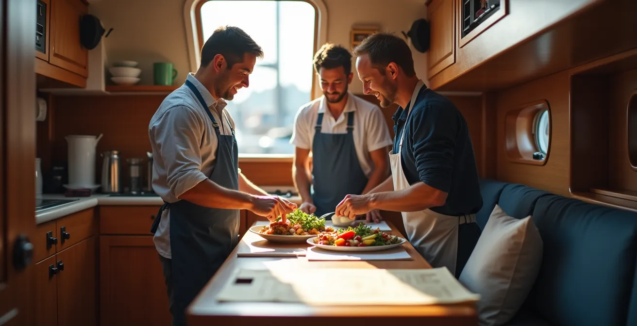 Intérieur chaleureux d'un voilier avec équipage préparant le repas en mer