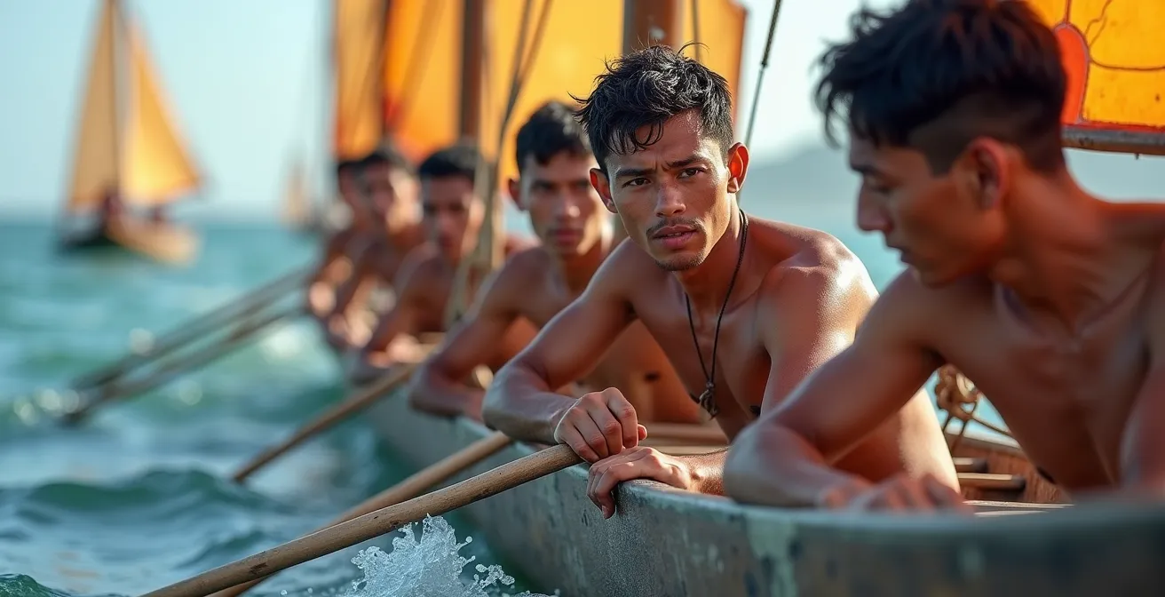 Canot saintois traditionnel en bois avec équipage en action lors d'une régate